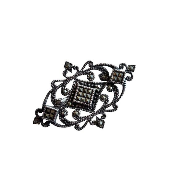 Marcasite Sterling Silver Art Deco Style Brooch Pin 1 3/4" in Box - Picture 3 of 5